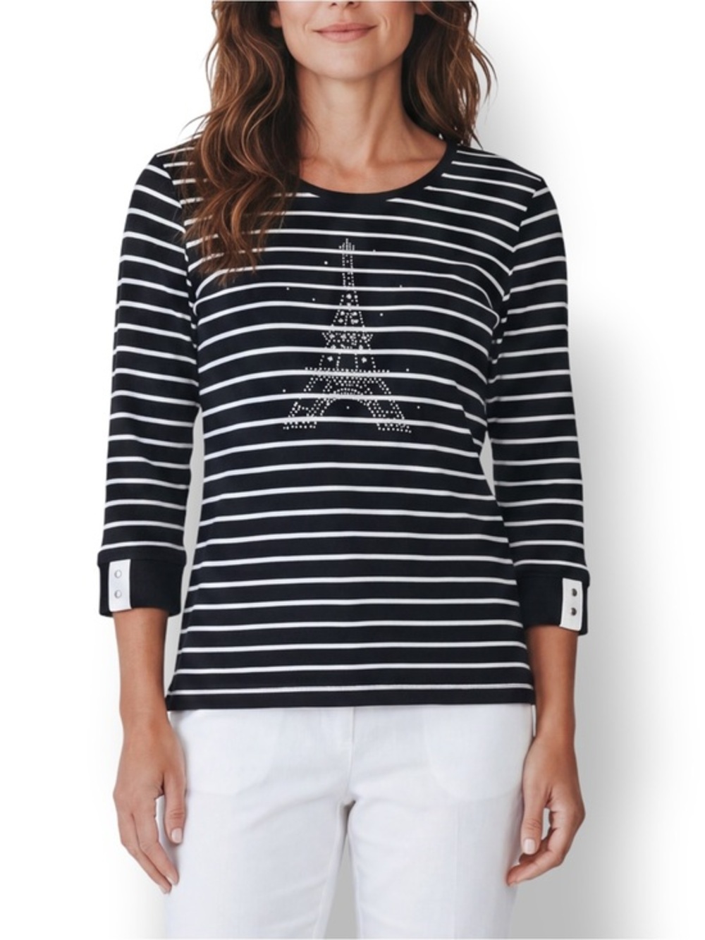 4/$20 Alison Daley Black White Striped Eiffel Tower Rhinestone Top Medium